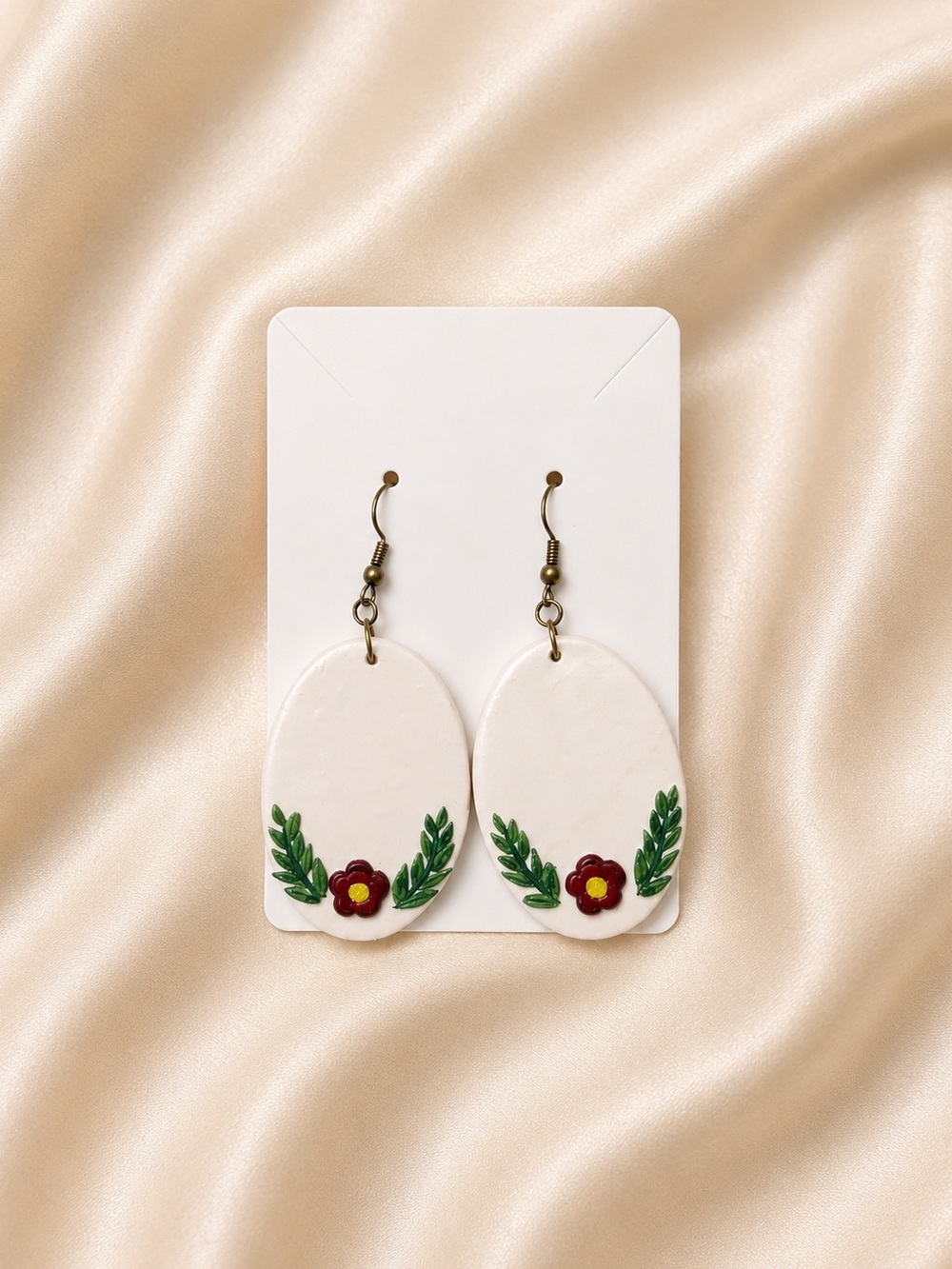 Handpainted White Oval Floral Drop Earrings